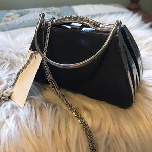 NWT Black & Silver Deco Clutch & Chain Strap